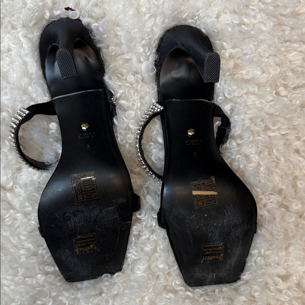 🪣🧽 RAYE Artemis Heel Open-Toed Black Satin Heels with Crystal Strap Size 9 - Picture 5 of 8